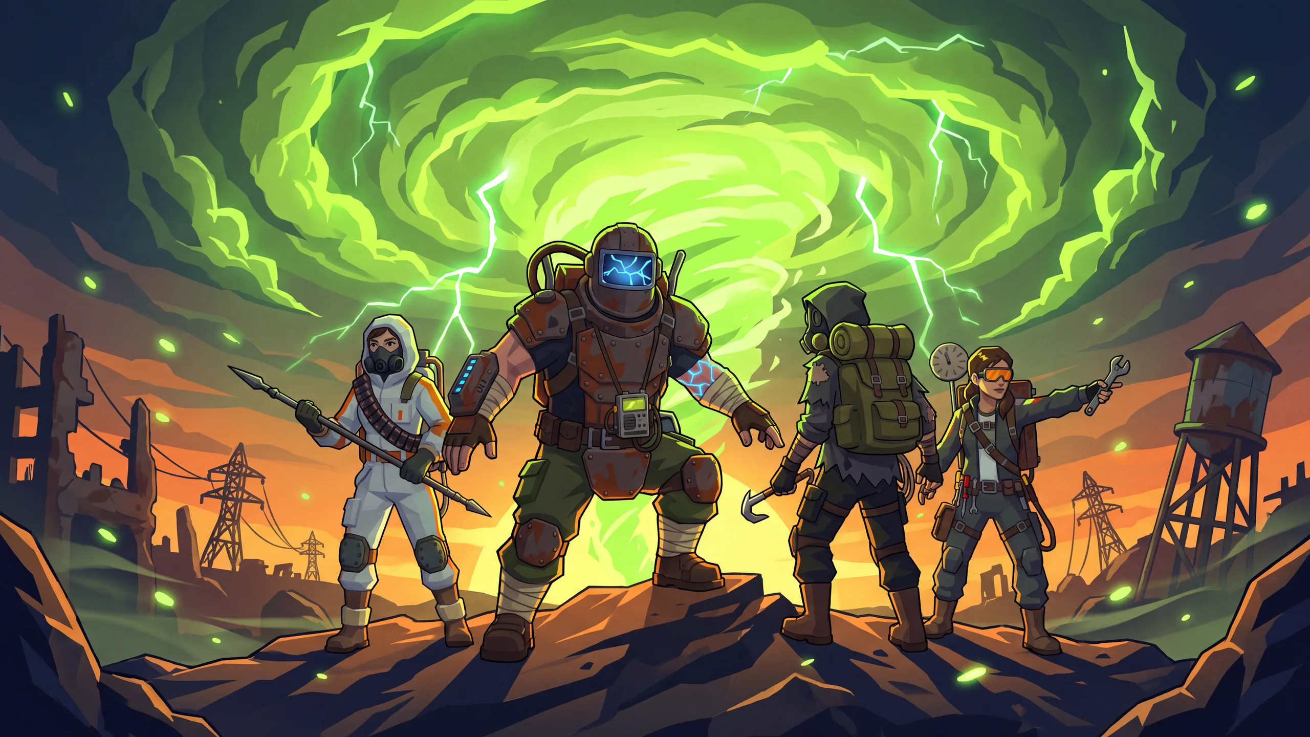 The four DOSE survivors on a ridge, backlit by a glowing green radiation storm.