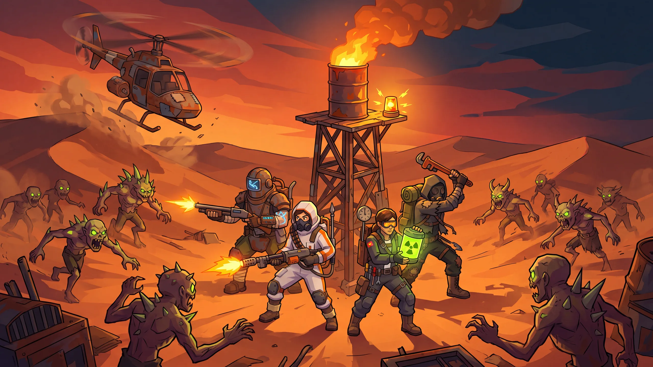 The crew defends a burning extraction beacon as the rescue chopper comes in.
