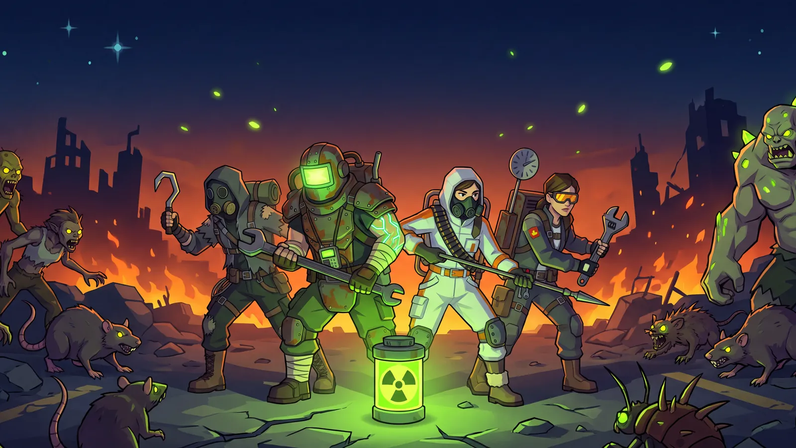 Ilustración: el equipo, cara a cara de noche con una manada de mutantes.