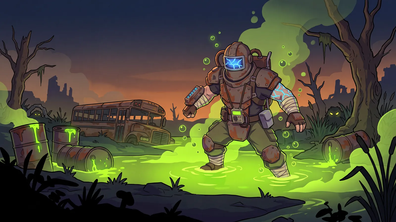 Illustration: a Glowstick wades through a toxic green bog.