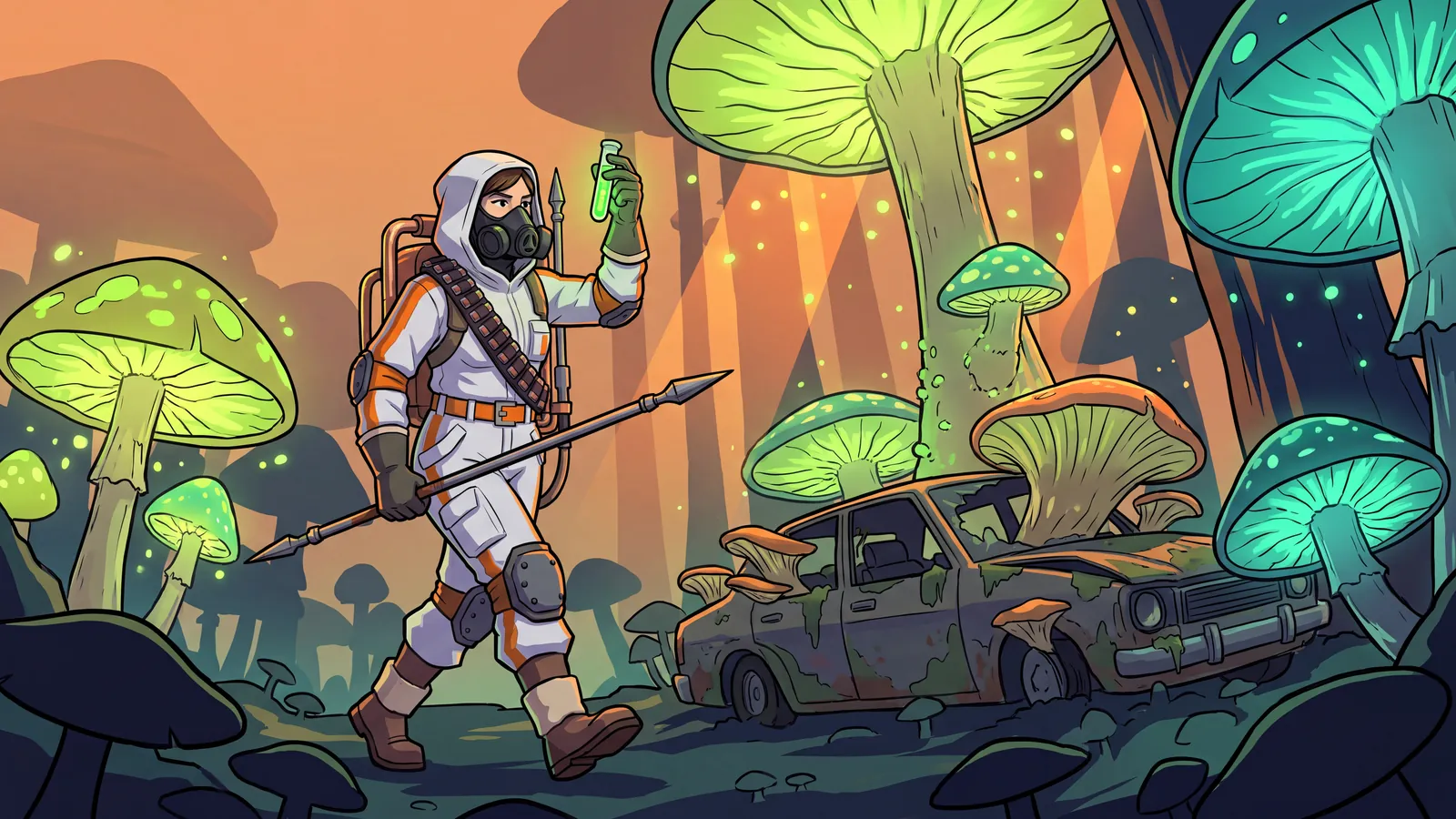 Ilustración: un Médico en un bosque fúngico que brilla.