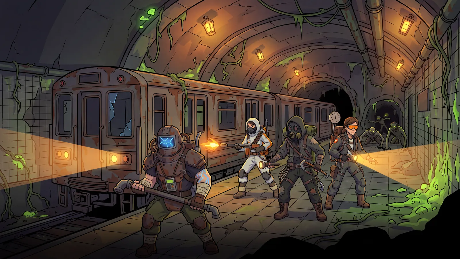 Ilustración: un túnel de metro inundado bajo la ciudad.