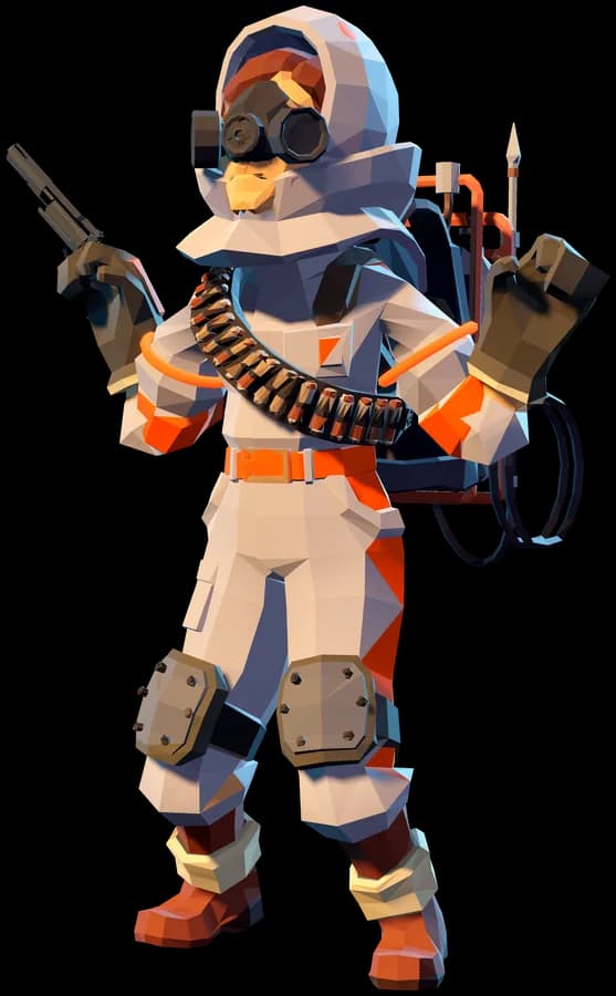 The Medic in a white-and-orange hazmat suit, bracing with her pistol.