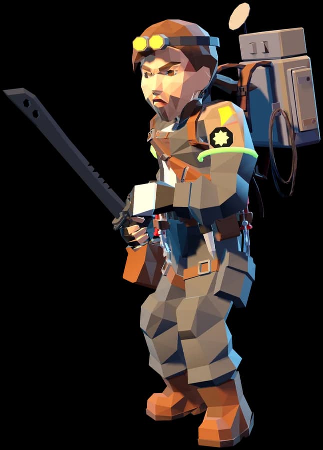 The Rigger in a grey jumpsuit, combat-ready with her machete.