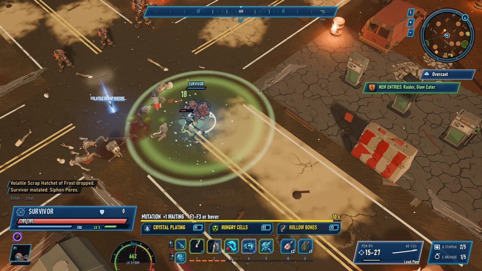 A survivor inside a green Rad Pulse ring among raiders on a sunny scrapyard street, with the dose gauge at 662 and three mutation cards waiting above the hotbar